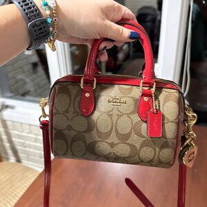 Coach Mini Rowan Crossbody bag in signature canvas Miami red patent leather